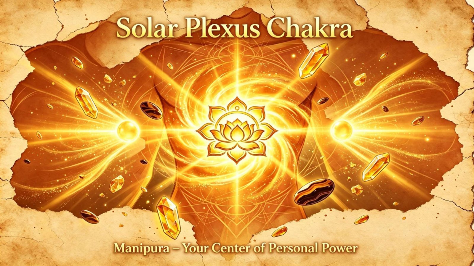 Solar plexus chakra Manipura guide with glowing yellow energy at upper abdomen, how to unblock solar plexus chakra for confidence and personal power