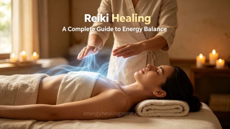 Usui Reiki energy healing hero banner, soft vintage paper aesthetic, calm holistic wellness visual for beginners