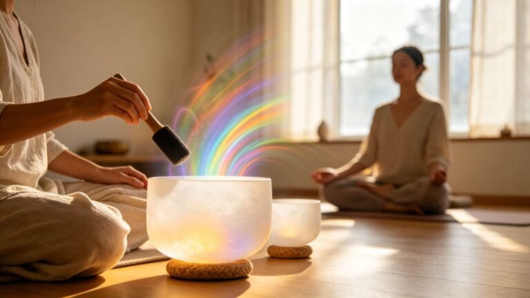 Serene sound‑healing studio session with crystal singing bowl, meditating person, rainbow glowing sound waves radiating outward