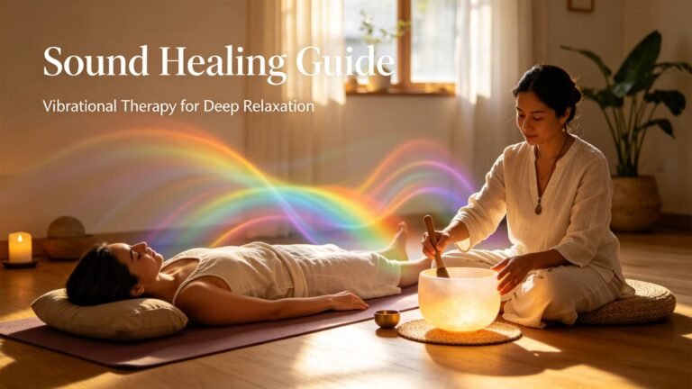 Serene sound-healing studio session with crystal singing bowl, meditating person, rainbow glowing sound waves radiating outward