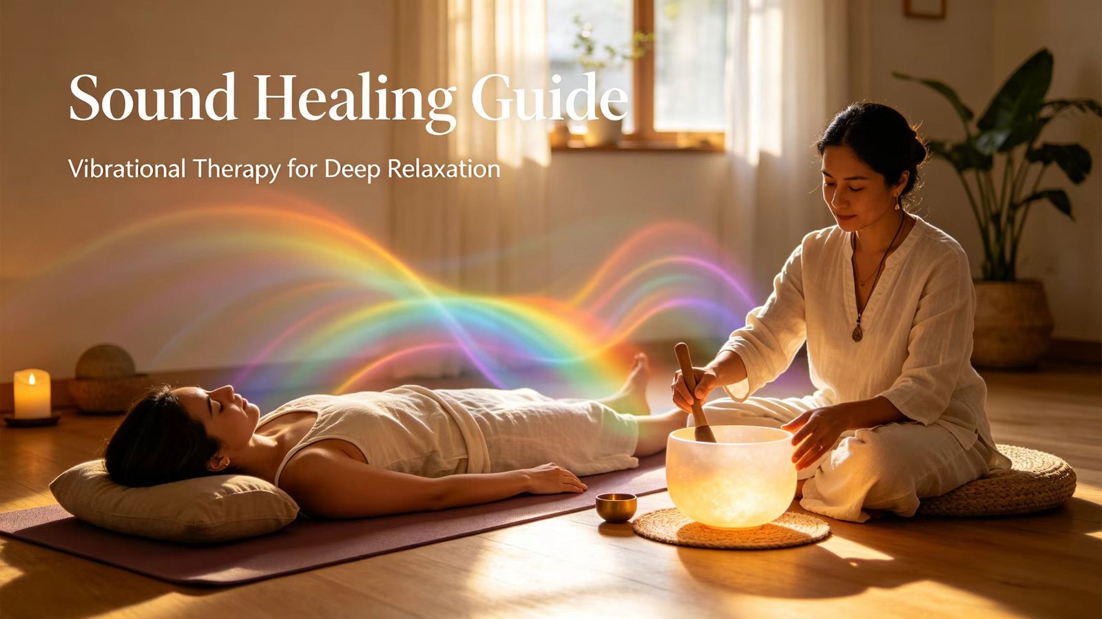 Serene sound-healing studio session with crystal singing bowl, meditating person, rainbow glowing sound waves radiating outward