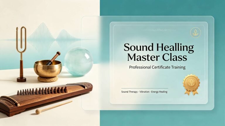 Sound healing benefits -Wide web banner for sound healing master class, soft natural earth tone background, spiritual holistic healing theme, suitable for wordpress blog promotion block