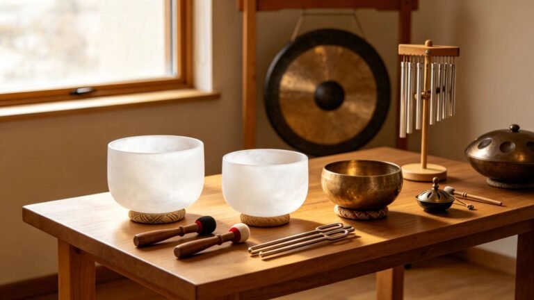 Complete guide to sound healing instruments with singing bowls, tuning forks, gongs, and chimes displayed on wooden table
