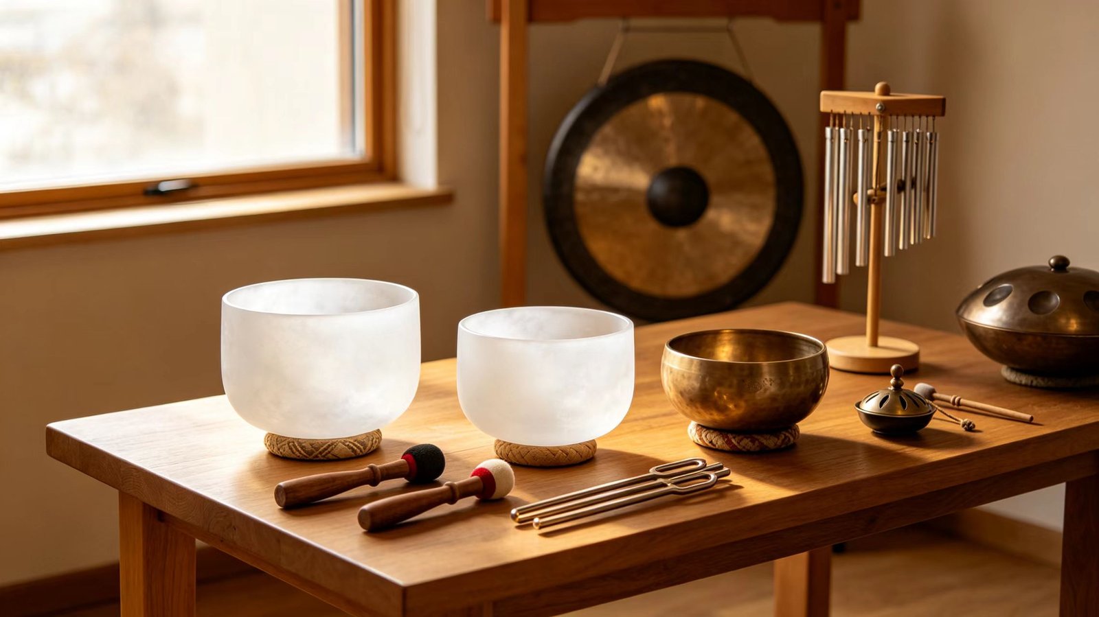 Complete guide to sound healing instruments with singing bowls, tuning forks, gongs, and chimes displayed on wooden table