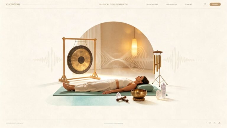 The ultimate guide to sound baths with person relaxing during a sound healing session with singing bowls and gongs