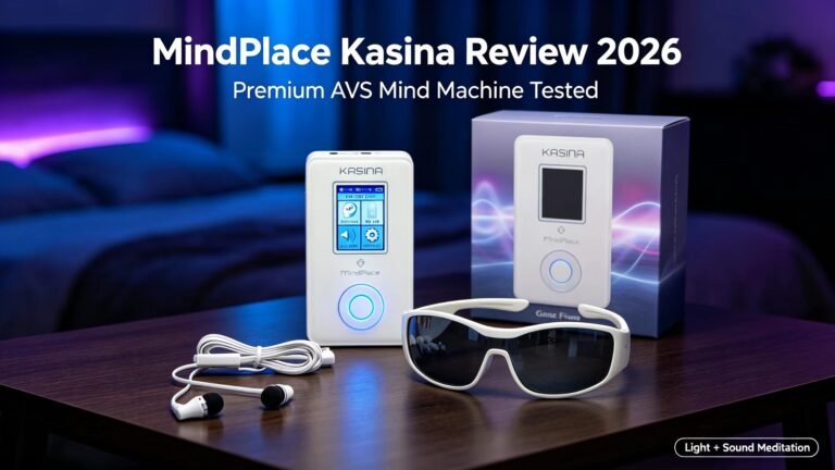 MindPlace Kasina complete kit including main unit, light goggles, earphones, charging adapter and retail box on dark desktop